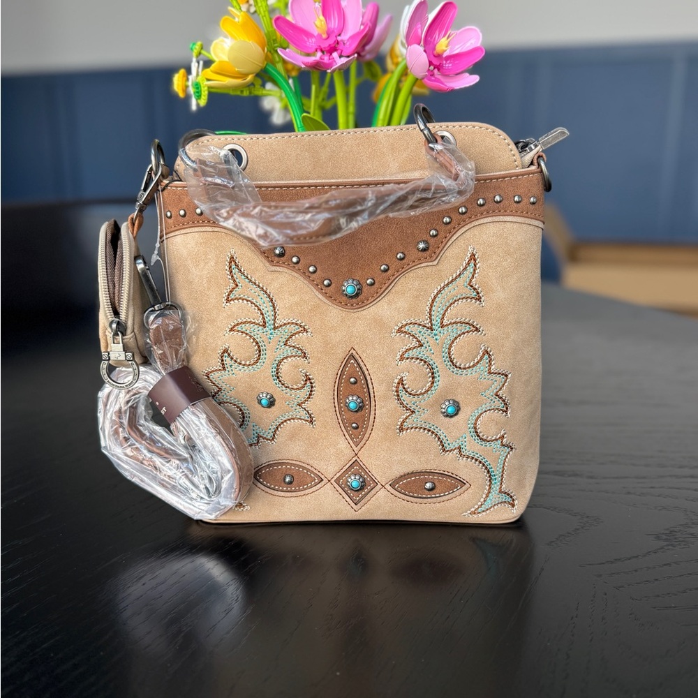 Montana West Embroidered Boot Scroll Top Handle Crossbody With Coin Pouch Tan